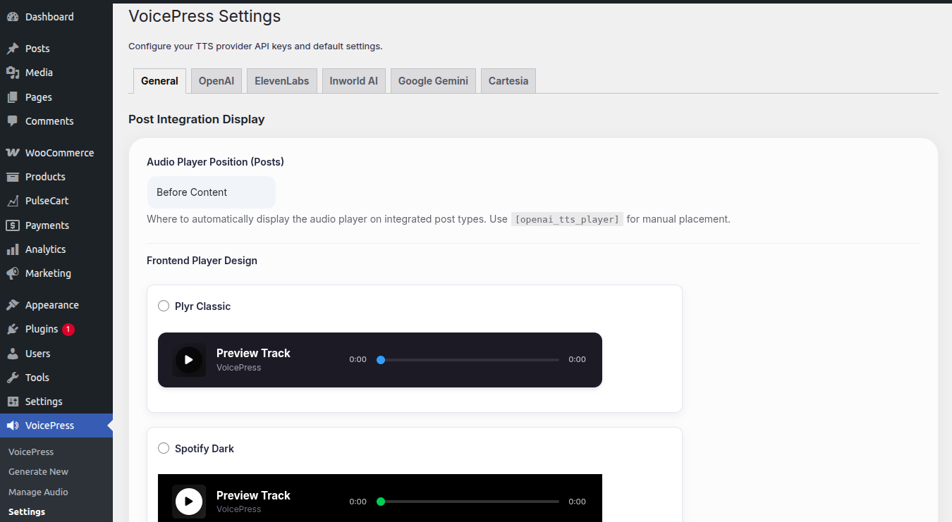 VoicePress General Settings